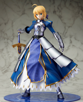Action figure in a blue and white outfit with a sword on a gray background
