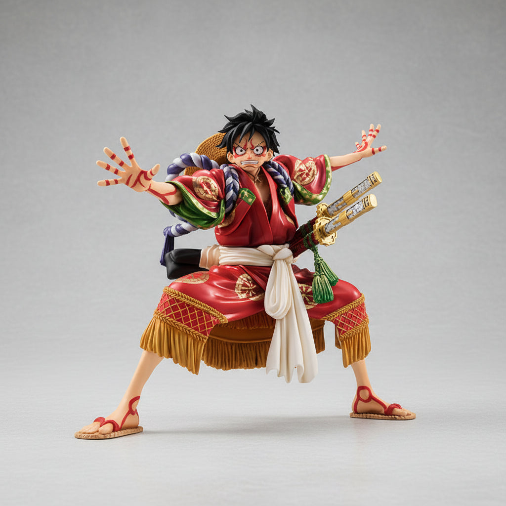Action figure of a character with multiple arms and weapons on a gold background