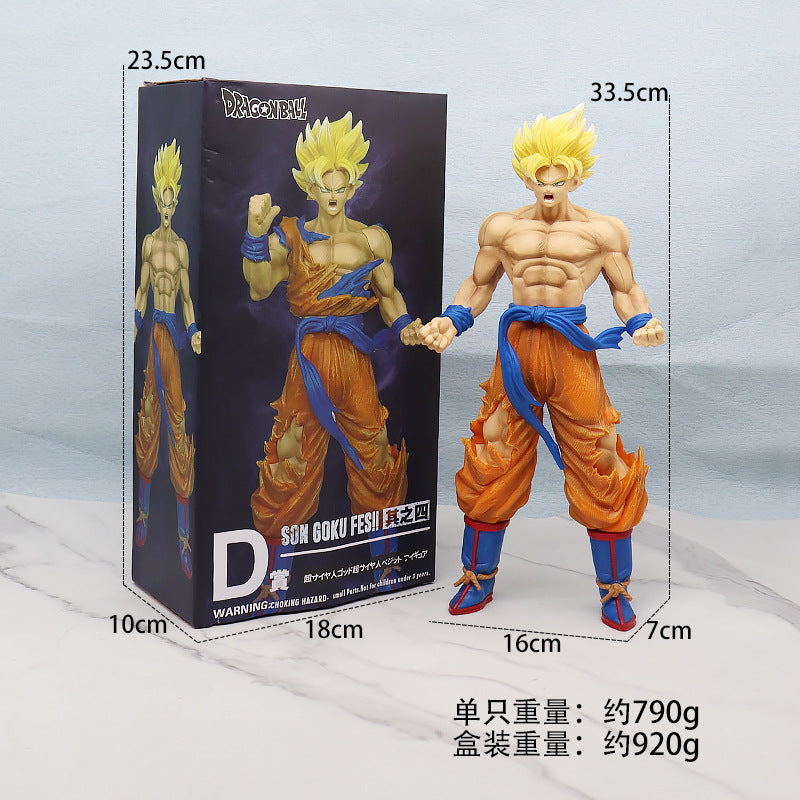 Dragon Ball Z Son Goku action figure with packaging and measurements on a light gray background