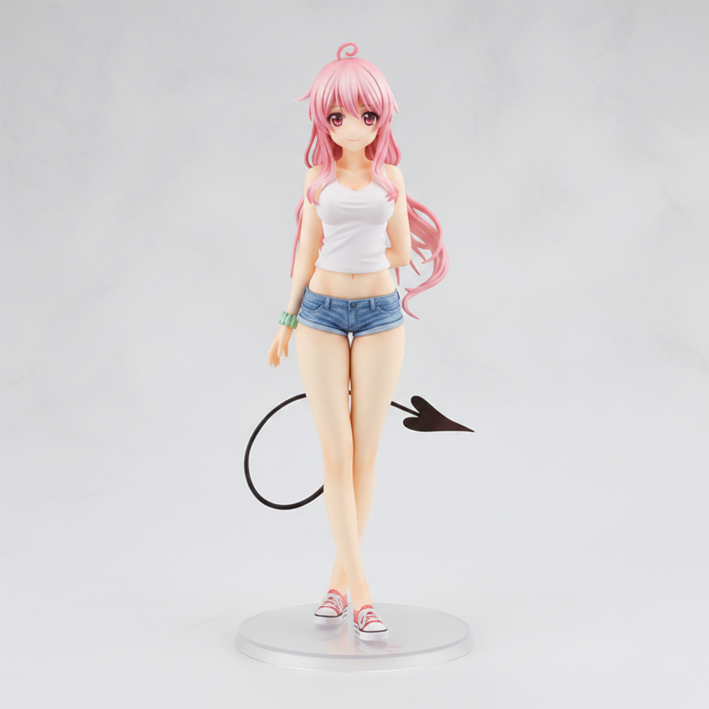 Figure of a character with pink hair and denim shorts on a white background