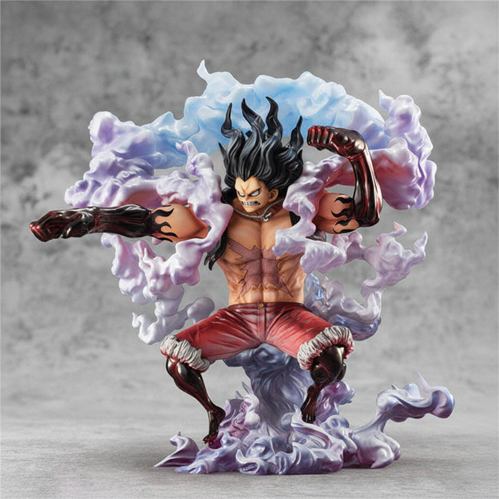 Action figure of a character with spiky hair and red shorts, surrounded by colorful energy effects on a gray background.