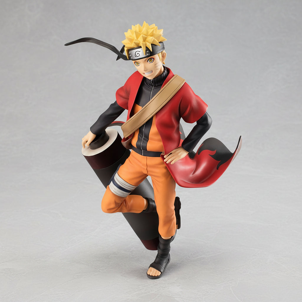 Action figure of a character in orange and red outfit with a white background