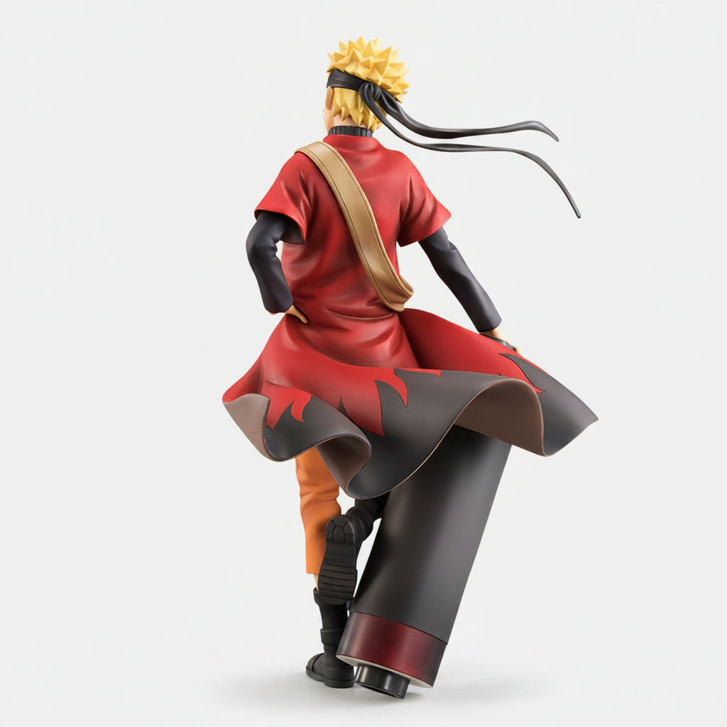 Action figure in red and black outfit with yellow hair on a white background