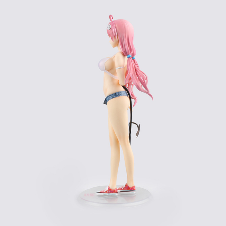 Figure with pink hair and a strap on a white background