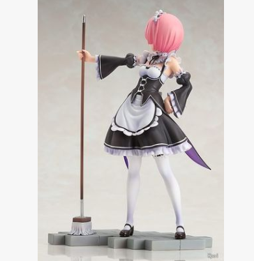 Statue of a character in a maid outfit holding a broom on a gray background