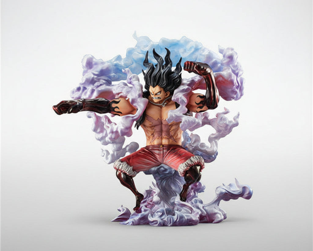 Action figure of a character with spiky hair and red shorts, surrounded by colorful energy effects on a gray background.
