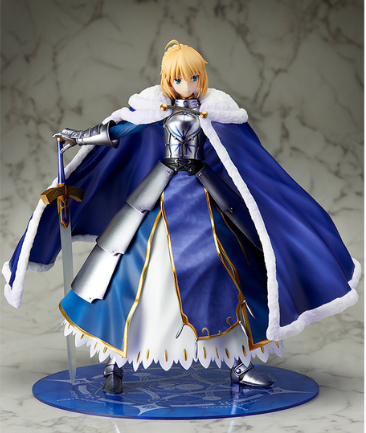 Figure of a character in a blue and white outfit with a sword on a marble surface