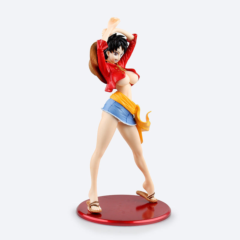 Action figure of a character in a red jacket and blue shorts on a white background