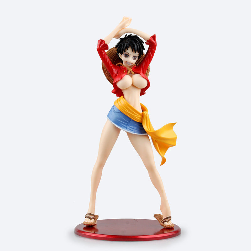 Figurine of an animated character in a red shirt and blue shorts on a white background