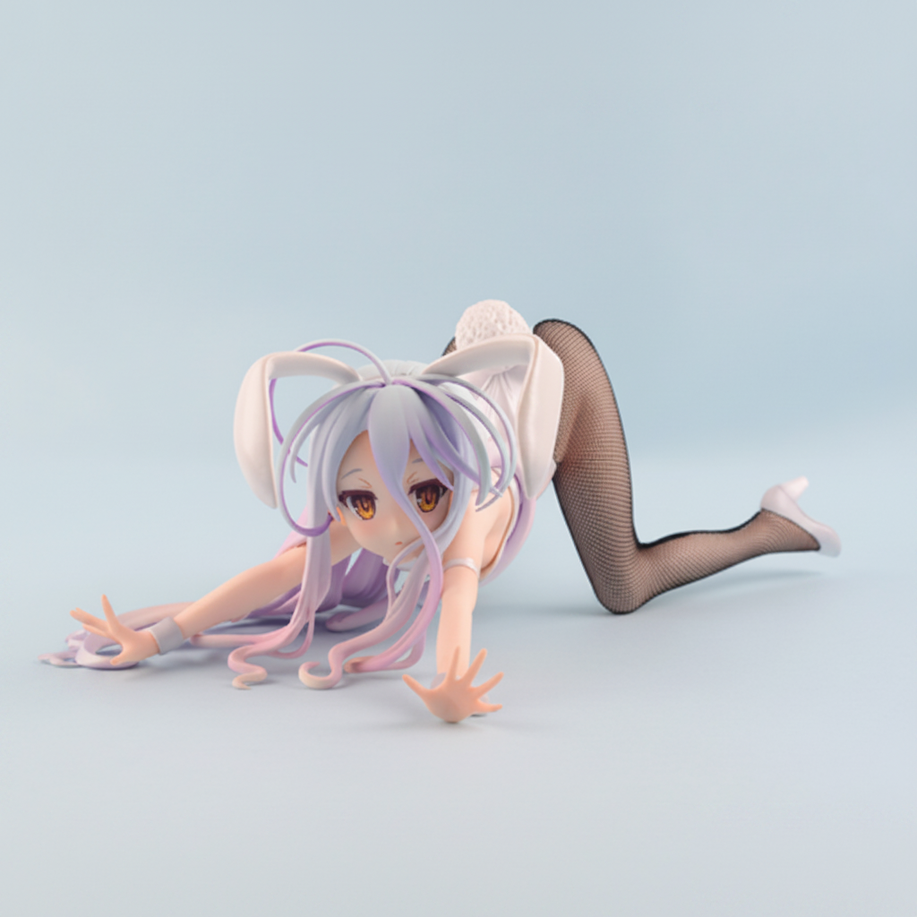 Anime character figurine with white hair and cat ears on a light blue background