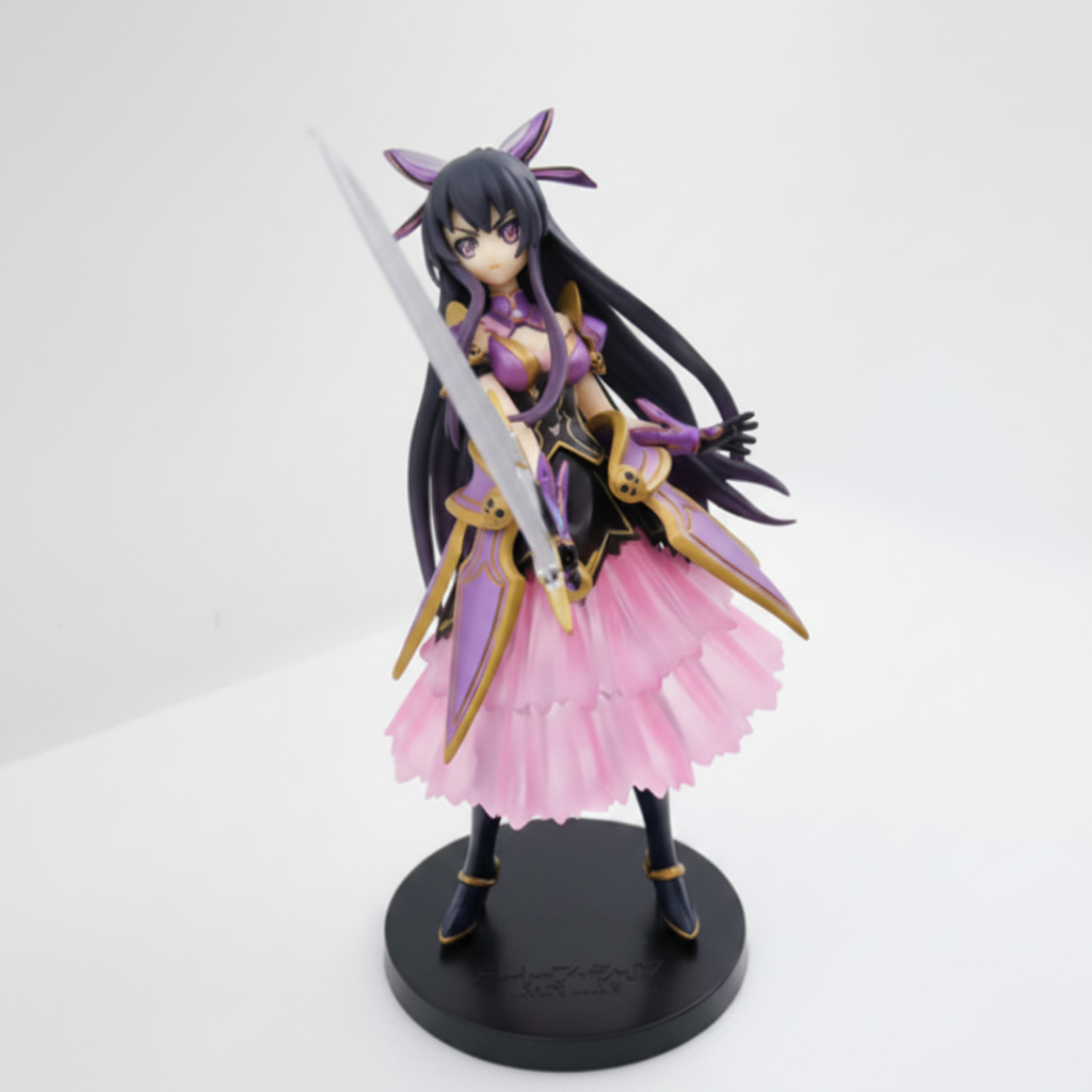 Anime figurine with long black hair, purple and pink outfit, and a sword on a white background