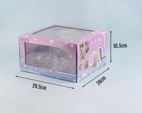 Product packaging with dimensions labeled on a light blue background