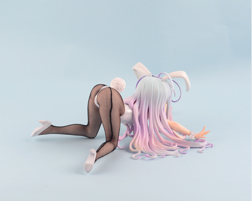 Animated character with pastel-colored hair and fishnet stockings on a light blue background