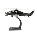 Model helicopter on a stand with a white background