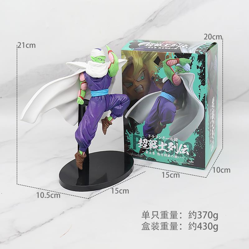Action figure with packaging and measurements on a white background