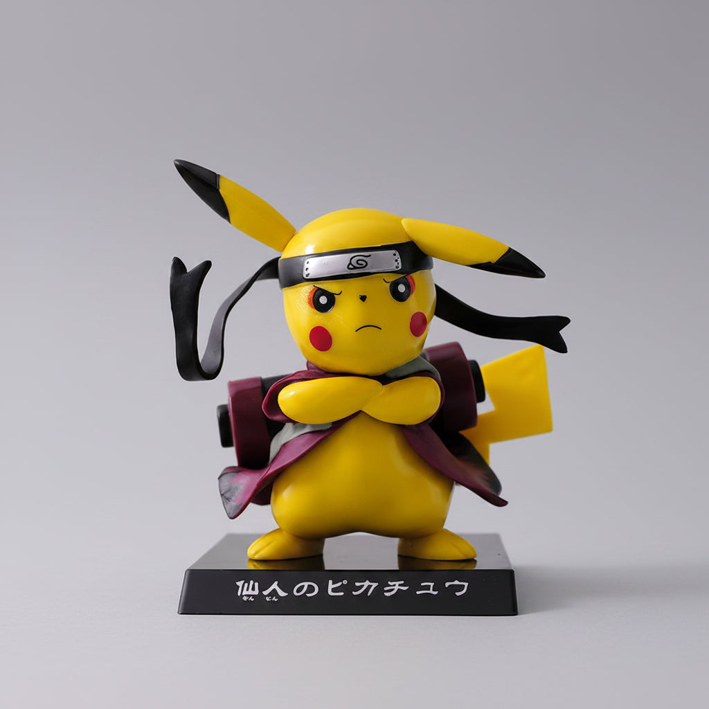 Pikachu figure wearing a bandana and cloak on a stand with a light blue background