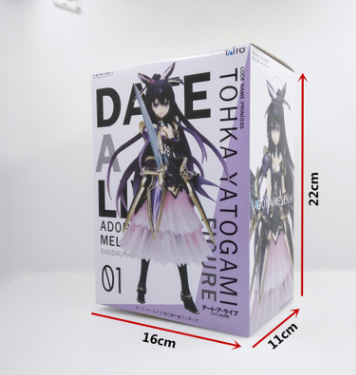 Anime character figurine packaging with measurements on a white background