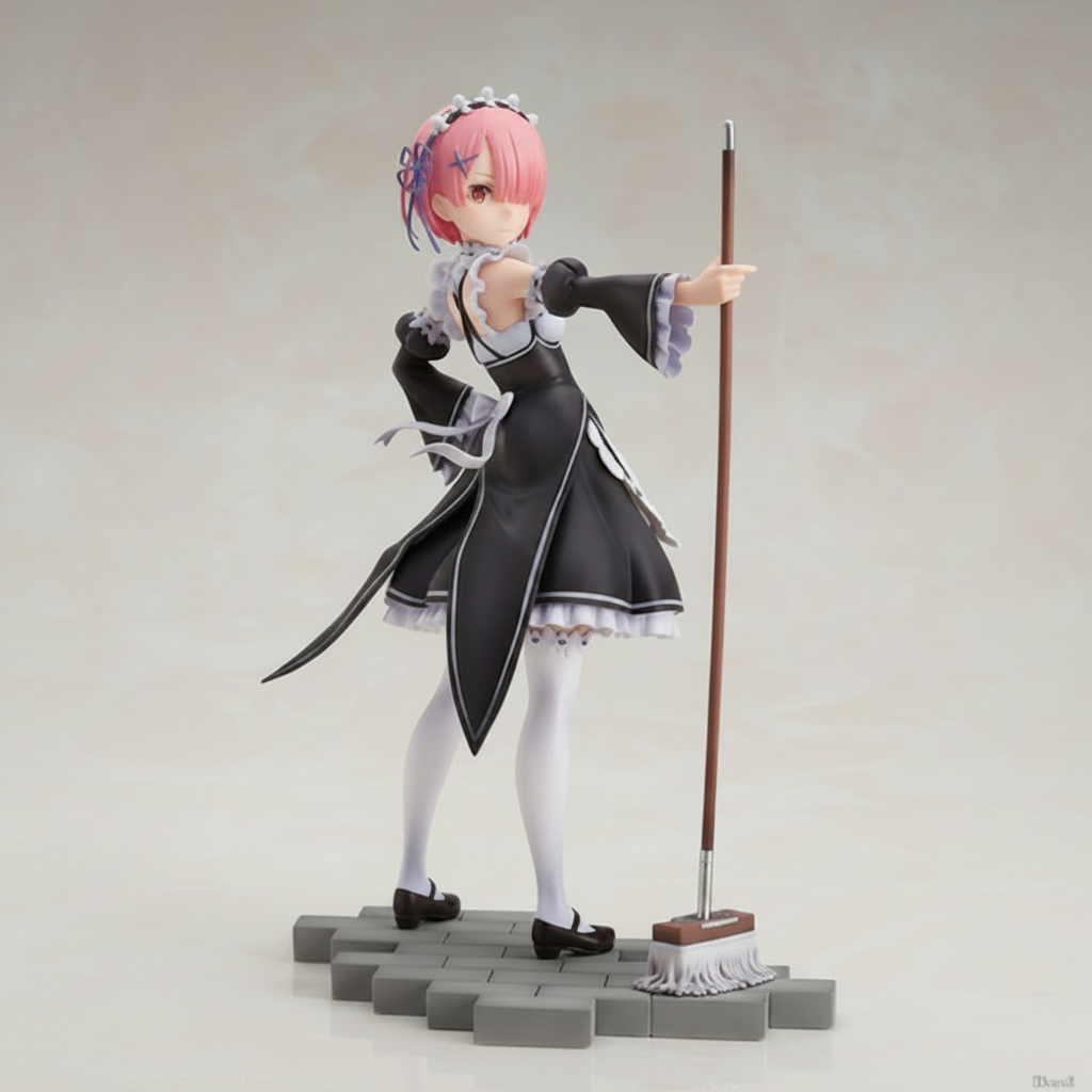 Anime character figurine in a black outfit with a pink hair bow, holding a broom.
