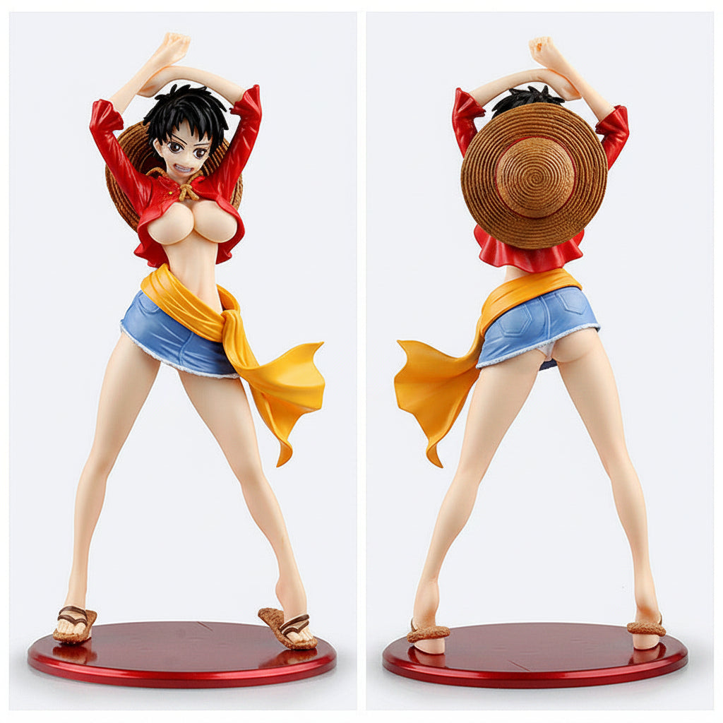 Action figure of a character in colorful outfit with a straw hat on a white background