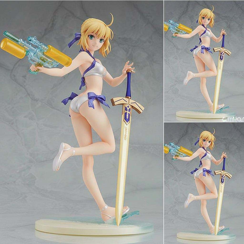Anime character figurine in a bikini with weapons on a gray background