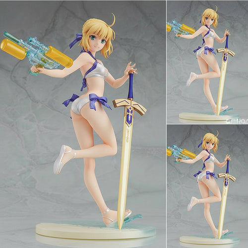 Anime character figurine in a bikini with weapons on a gray background
