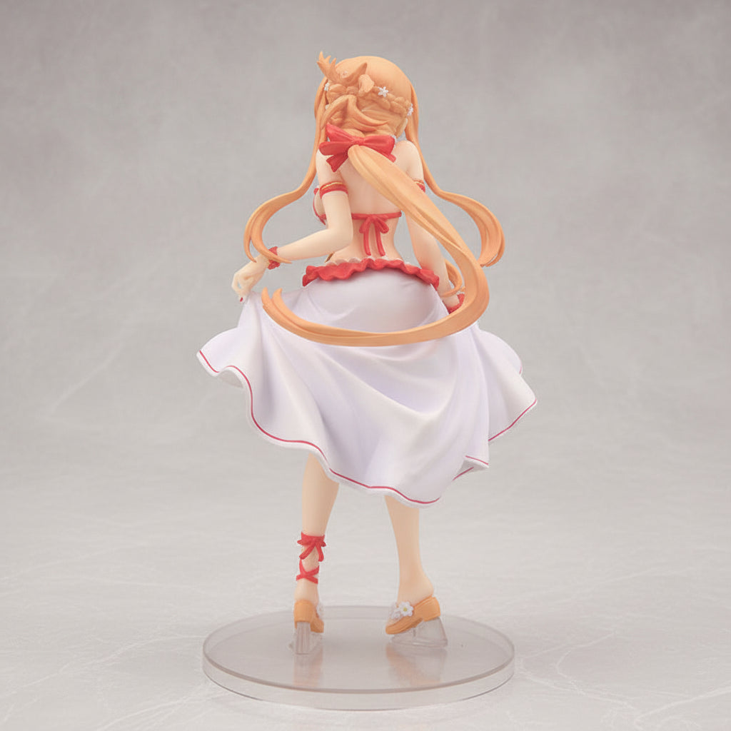 Figurine of a character with long hair and a white dress on a dark background