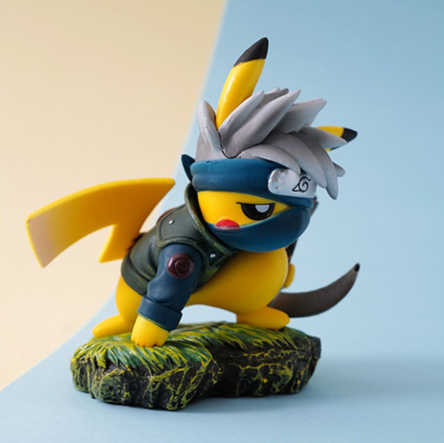 Animated character figure with a yellow body, gray hair, and blue headband on a light blue background.