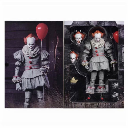 Action figure of a clown holding a red balloon with packaging in the background
