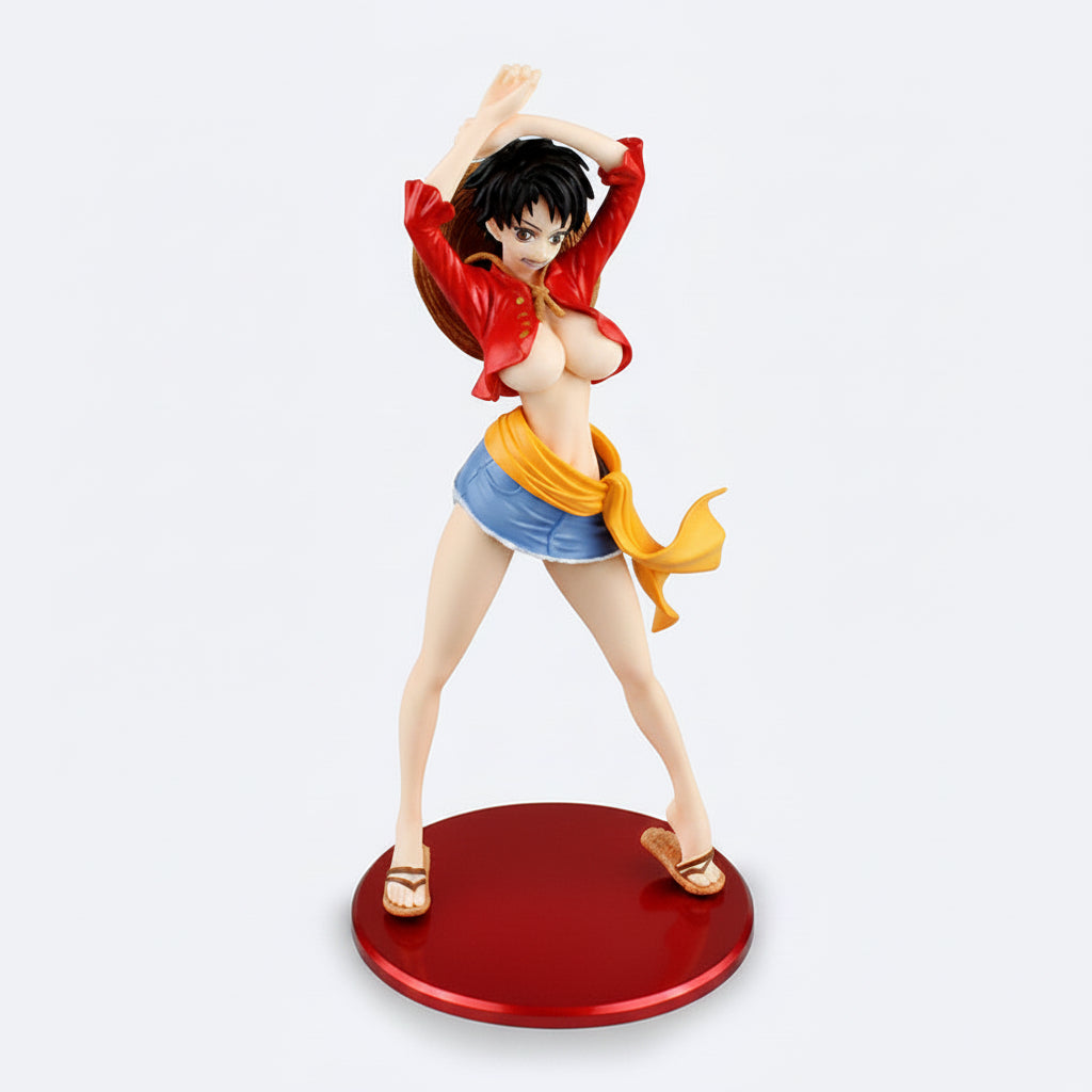 Figurine of a character in colorful attire on a red base against a white background