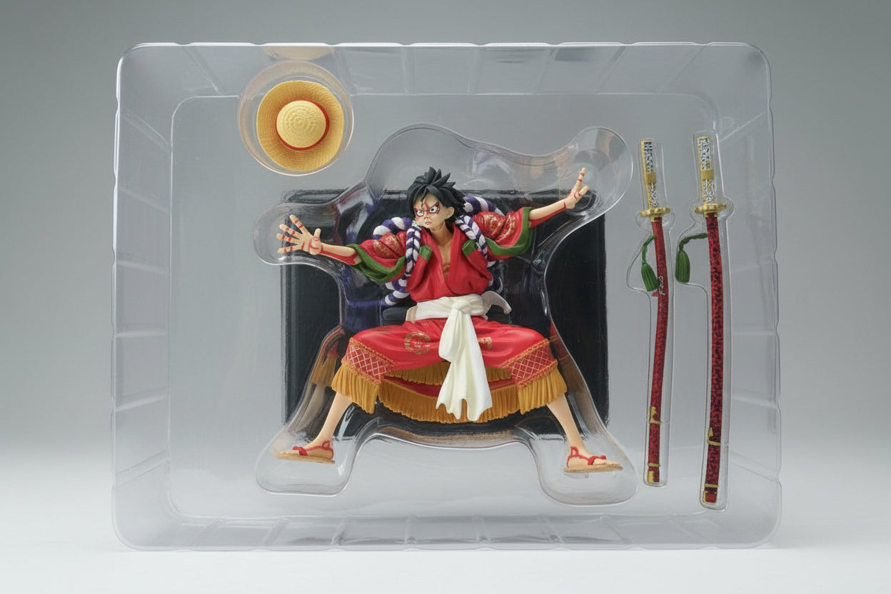 Action figure in packaging with a ruler for scale on a wooden surface