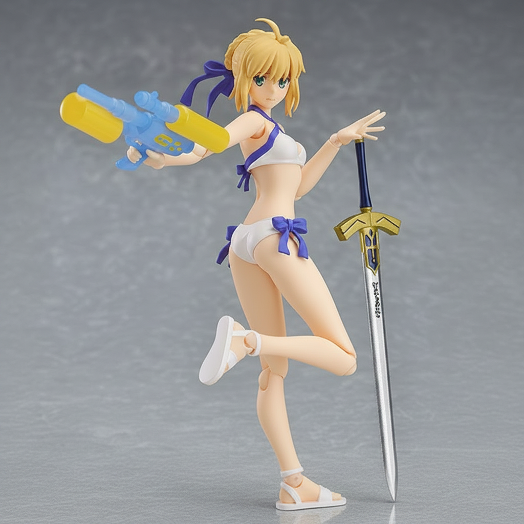 Figure in a bikini holding a sword and water gun on a gray background