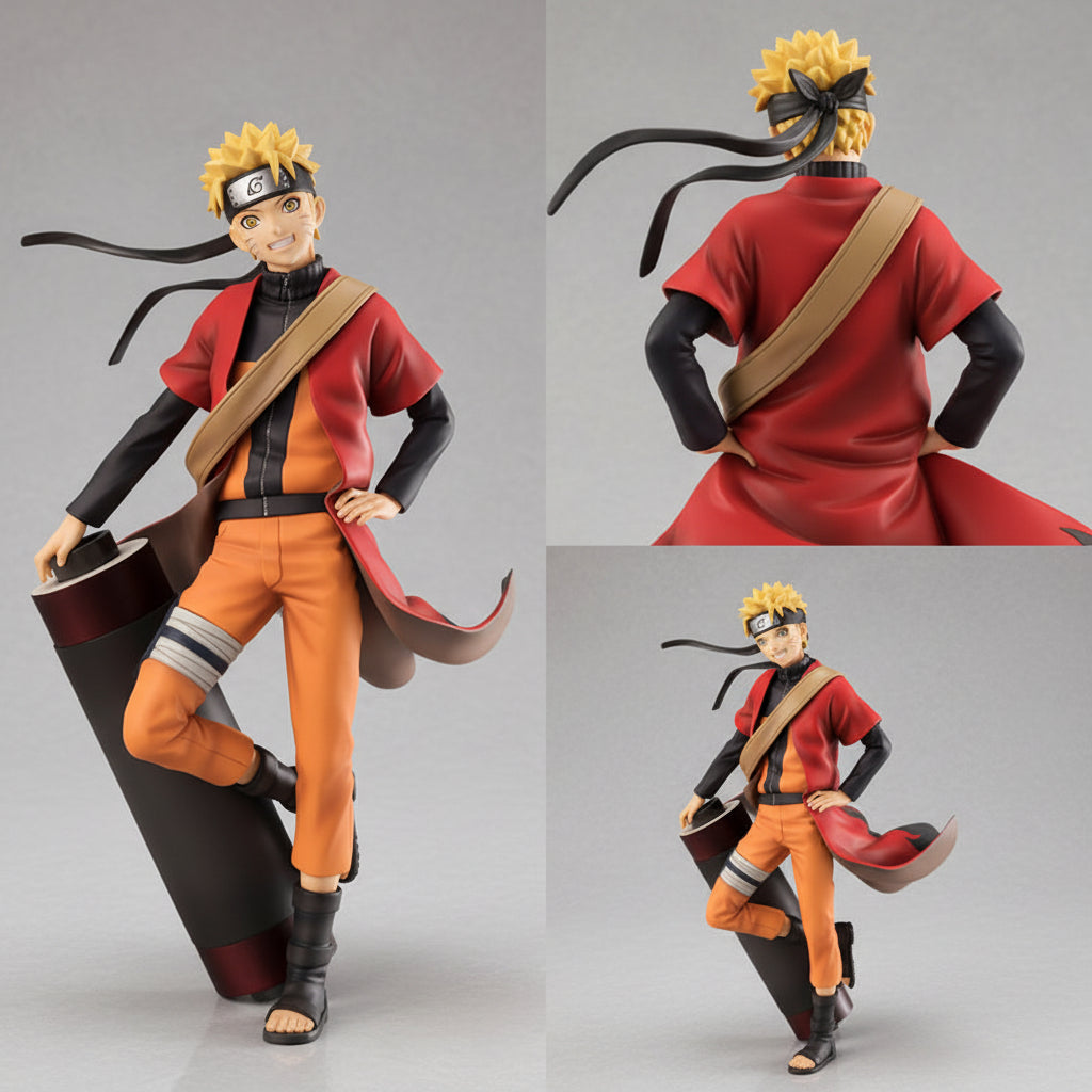 Action figure of a character in red and orange outfit with black accents, holding a scroll.