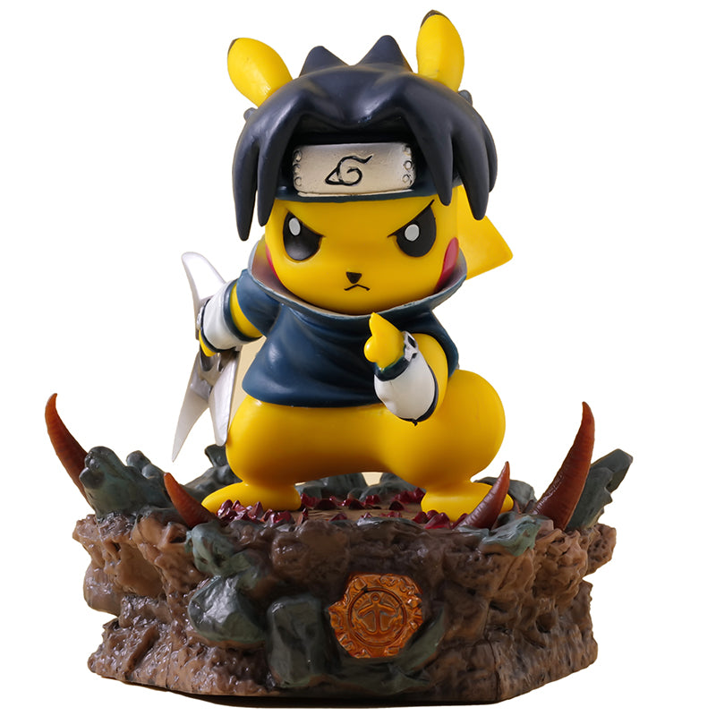 Figurine of a yellow creature in a dark outfit with a headband on a rocky base.