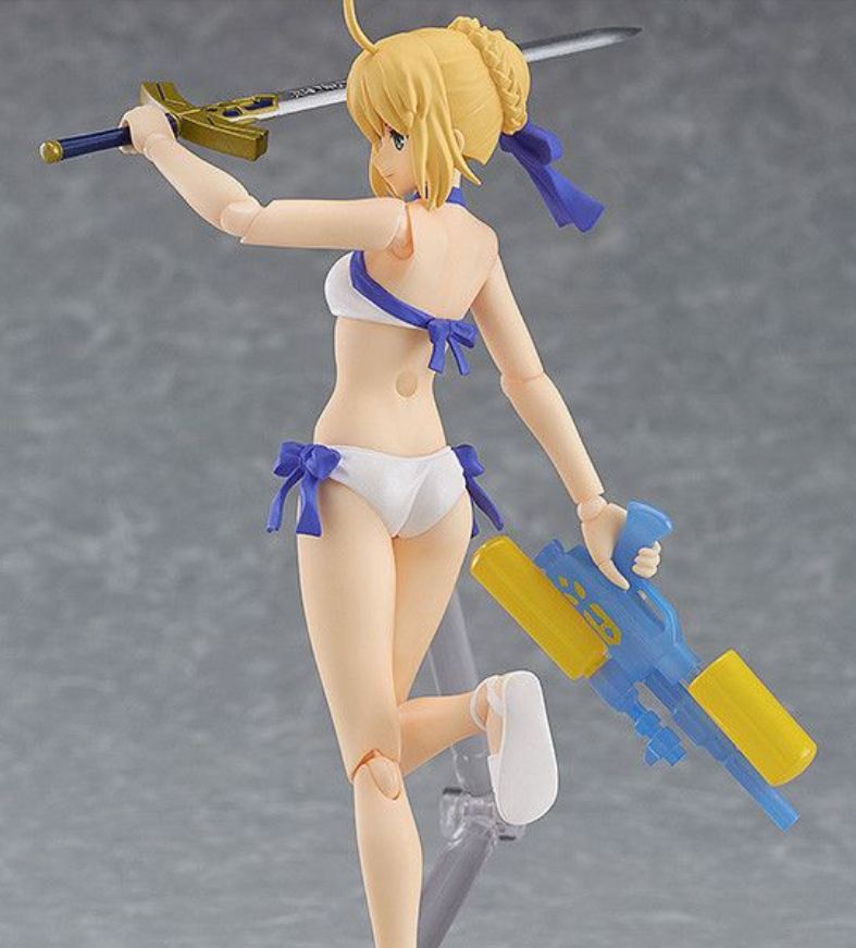 Figure in a bikini holding a sword and water gun on a gray background