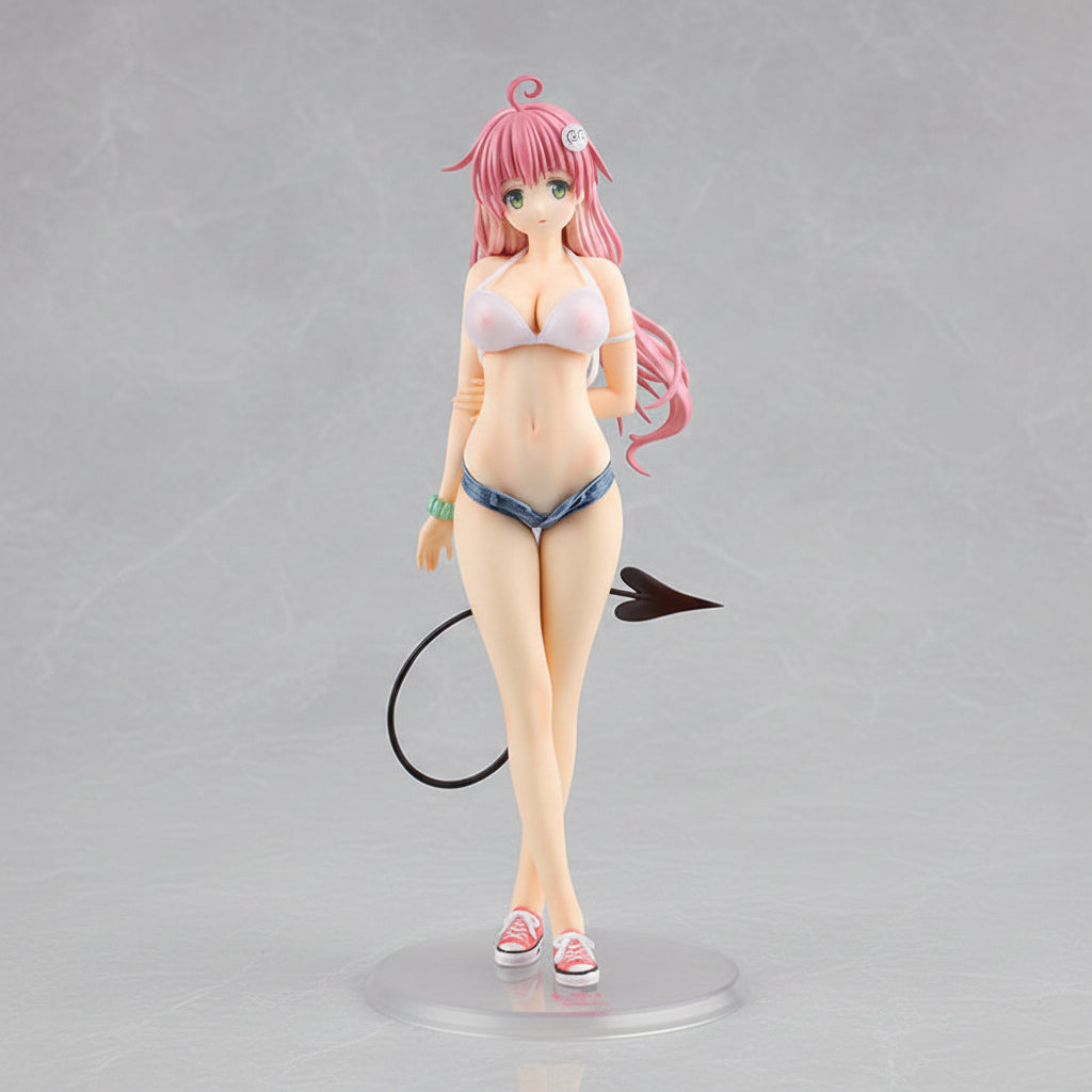 Figure of a character with pink hair and a swimsuit on a white background