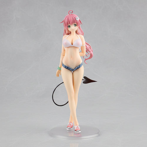 Figure of a character with pink hair and a swimsuit on a white background